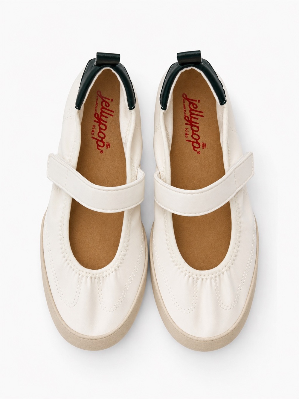 Brand New - Jellypop Girls White Mary Jane Sneakers with forest green Heel Tab